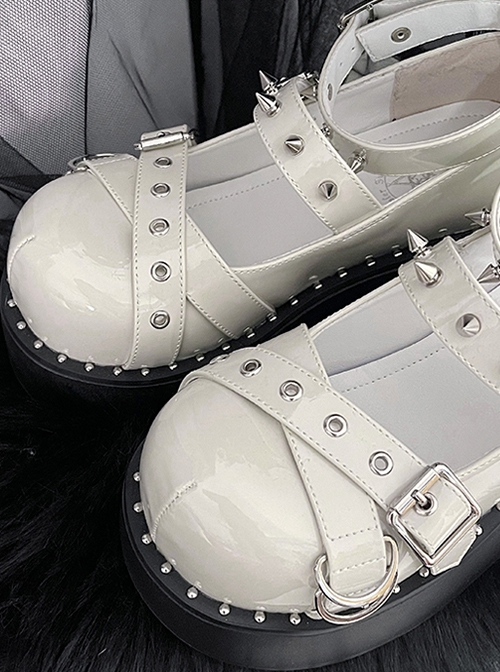 Solid Color Sweet And Cool Girl Round Head Metal Rivet Buckle PU Punk Lolita High-Heeled Flat Shoes