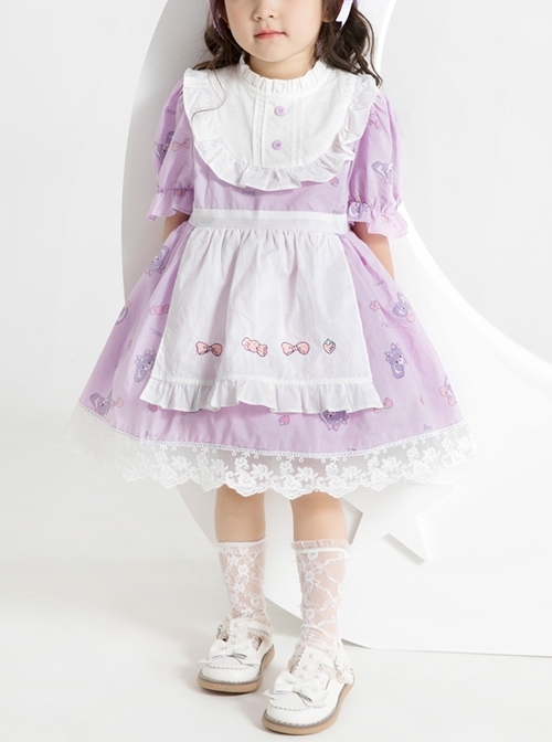 Purple Cartoon Anime Print Ruffle Lace Apron Sweet Lolita Kids Short Sleeve Dress