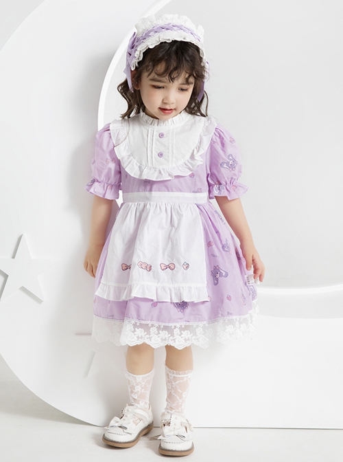 Purple Cartoon Anime Print Ruffle Lace Apron Sweet Lolita Kids Short Sleeve Dress