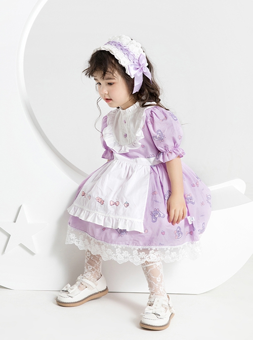 Purple Cartoon Anime Print Ruffle Lace Apron Sweet Lolita Kids Short Sleeve Dress