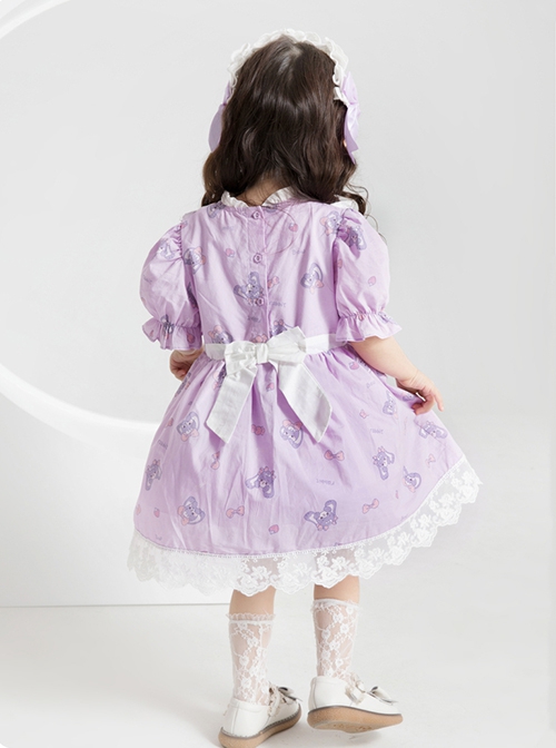 Purple Cartoon Anime Print Ruffle Lace Apron Sweet Lolita Kids Short Sleeve Dress