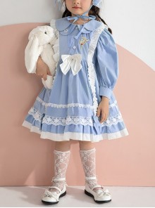 Blue Lovely Petal Collar Embroidered Pleated Ruffle Lace Lantern Sleeve Bow Classic Lolita Kids Long Sleeve Dress