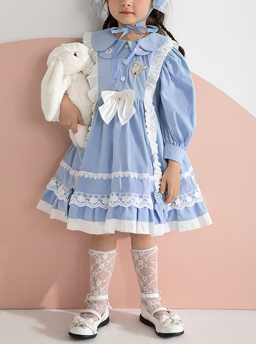 Blue Lovely Petal Collar Embroidered Pleated Ruffle Lace Lantern Sleeve Bow Classic Lolita Kids Long Sleeve Dress