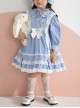 Blue Lovely Petal Collar Embroidered Pleated Ruffle Lace Lantern Sleeve Bow Classic Lolita Kids Long Sleeve Dress