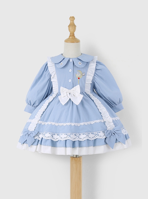 Blue Lovely Petal Collar Embroidered Pleated Ruffle Lace Lantern Sleeve Bow Classic Lolita Kids Long Sleeve Dress