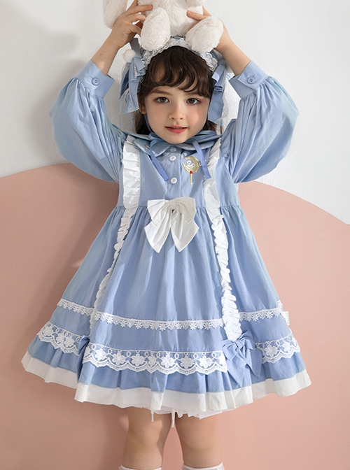 Blue Lovely Petal Collar Embroidered Pleated Ruffle Lace Lantern Sleeve Bow Classic Lolita Kids Long Sleeve Dress