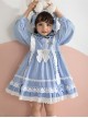 Blue Lovely Petal Collar Embroidered Pleated Ruffle Lace Lantern Sleeve Bow Classic Lolita Kids Long Sleeve Dress