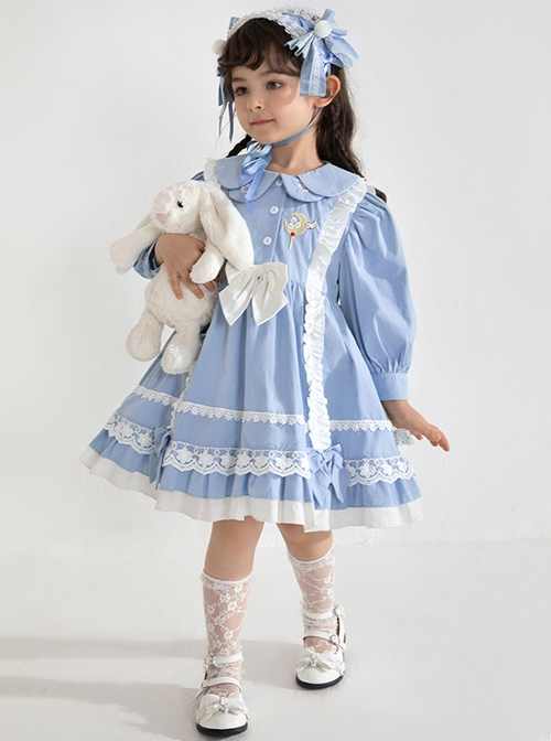 Blue Lovely Petal Collar Embroidered Pleated Ruffle Lace Lantern Sleeve Bow Classic Lolita Kids Long Sleeve Dress