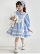 Blue Lovely Petal Collar Embroidered Pleated Ruffle Lace Lantern Sleeve Bow Classic Lolita Kids Long Sleeve Dress