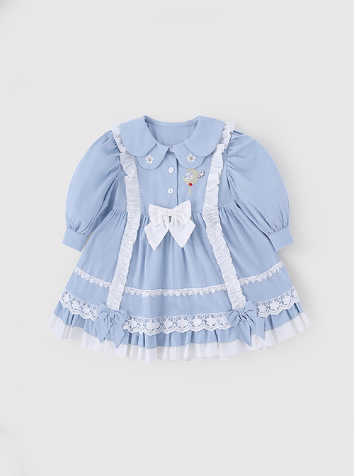 Blue Lovely Petal Collar Embroidered Pleated Ruffle Lace Lantern Sleeve Bow Classic Lolita Kids Long Sleeve Dress