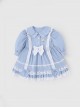 Blue Lovely Petal Collar Embroidered Pleated Ruffle Lace Lantern Sleeve Bow Classic Lolita Kids Long Sleeve Dress