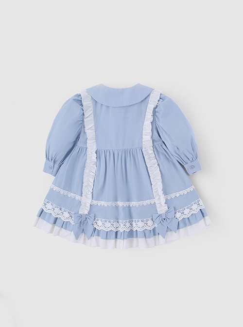 Blue Lovely Petal Collar Embroidered Pleated Ruffle Lace Lantern Sleeve Bow Classic Lolita Kids Long Sleeve Dress
