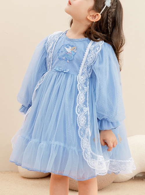 Round Neck Small Flower Fairy Embroidery Polka Dot Lace Ruffles Yarn Mesh Puff Sleeves Classic Lolita Kids Long Sleeve Dress