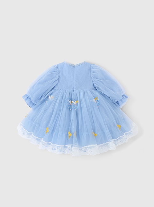 Round Neck Small Flower Fairy Embroidery Polka Dot Lace Ruffles Yarn Mesh Puff Sleeves Classic Lolita Kids Long Sleeve Dress