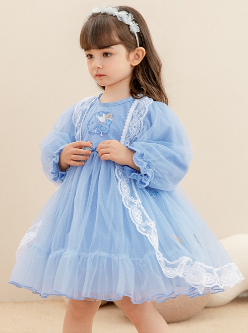 Round Neck Small Flower Fairy Embroidery Polka Dot Lace Ruffles Yarn Mesh Puff Sleeves Classic Lolita Kids Long Sleeve Dress