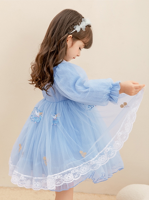 Round Neck Small Flower Fairy Embroidery Polka Dot Lace Ruffles Yarn Mesh Puff Sleeves Classic Lolita Kids Long Sleeve Dress