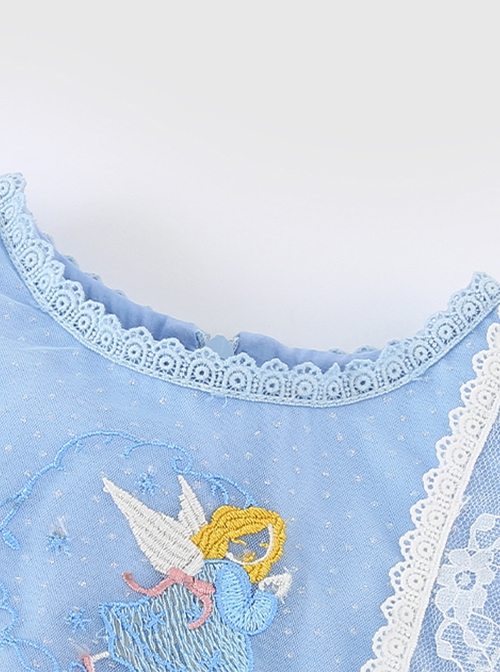 Round Neck Small Flower Fairy Embroidery Polka Dot Lace Ruffles Yarn Mesh Puff Sleeves Classic Lolita Kids Long Sleeve Dress