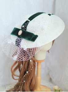 Elegant White Mesh Trim Pearl Dark Green Ribbon Decoration Classic Lolita Flat Cap