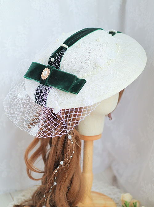 Elegant White Mesh Trim Pearl Dark Green Ribbon Decoration Classic Lolita Flat Cap