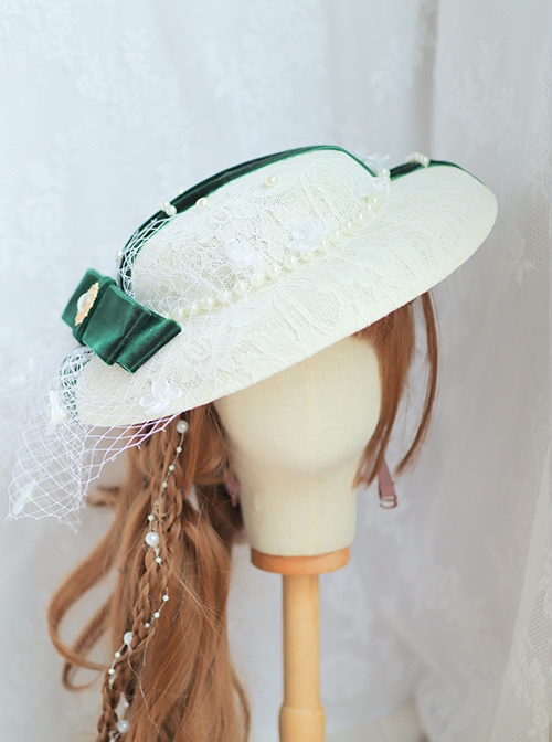 Elegant White Mesh Trim Pearl Dark Green Ribbon Decoration Classic Lolita Flat Cap