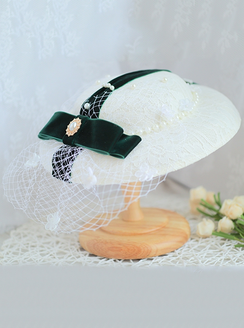Elegant White Mesh Trim Pearl Dark Green Ribbon Decoration Classic Lolita Flat Cap