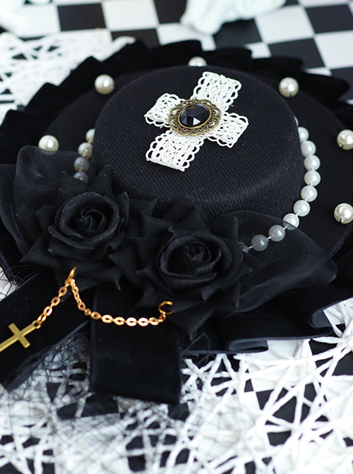 Pure Black Three-Dimensional Rose Metal Cross Chain Pearl Decoration Lace Cross Classic Lolita Top Hat