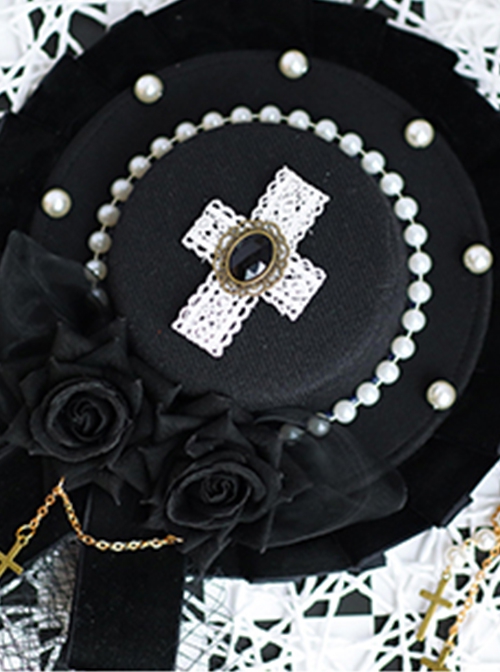 Pure Black Three-Dimensional Rose Metal Cross Chain Pearl Decoration Lace Cross Classic Lolita Top Hat