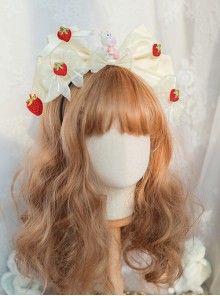 Cute Sweet Pure White Pleated Bow Strawberry Pattern Cute Cow Doll Decoration Classic Lolita Headband