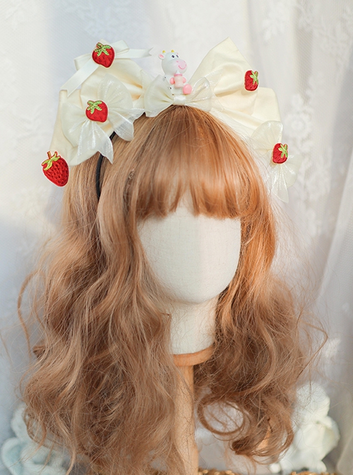 Cute Sweet Pure White Pleated Bow Strawberry Pattern Cute Cow Doll Decoration Classic Lolita Headband