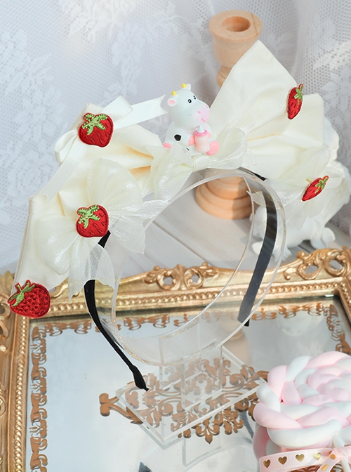 Cute Sweet Pure White Pleated Bow Strawberry Pattern Cute Cow Doll Decoration Classic Lolita Headband