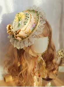 Fresh Pastoral Style Pastel-Yellow Ruched Jacquard Lace Delicate Floral Lace Pearl Trim Classic Lolita Top Hat