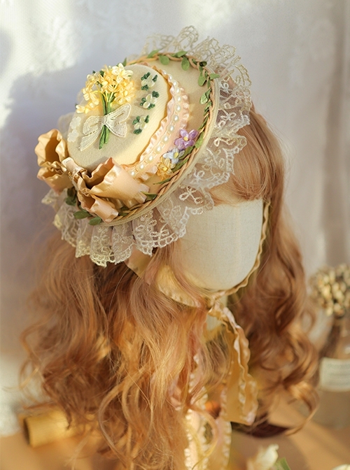 Fresh Pastoral Style Pastel-Yellow Ruched Jacquard Lace Delicate Floral Lace Pearl Trim Classic Lolita Top Hat