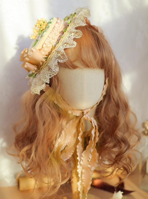 Fresh Pastoral Style Pastel-Yellow Ruched Jacquard Lace Delicate Floral Lace Pearl Trim Classic Lolita Top Hat