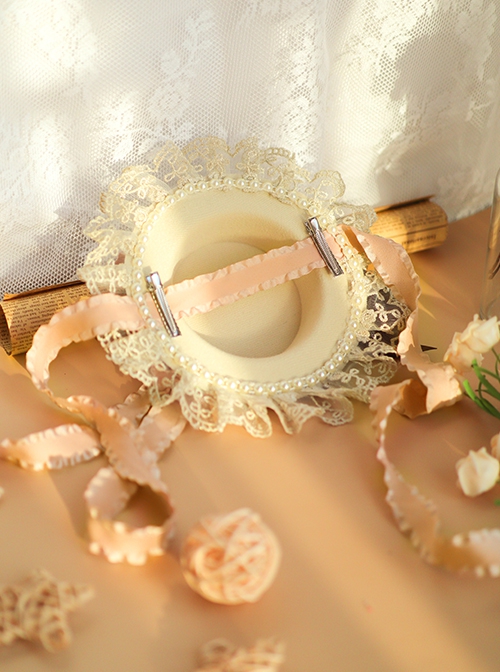 Fresh Pastoral Style Pastel-Yellow Ruched Jacquard Lace Delicate Floral Lace Pearl Trim Classic Lolita Top Hat
