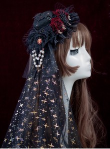 Halloween Dark Pleated Lace Rose Flower Decoration Pentagram Hot Stamping Mesh Pearl Chain Gothic Lolita Top Hat