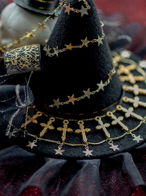 Dark Sweet Cool Style Skull Metal Pentagram Chain Decoration Gothic Lolita Pleated Lace Butterfly Mesh Pointed Hat