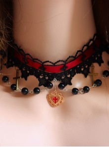 Black Jacquard Embroidered Lace Trim Metal Cross Decoration Heart Shape Design Gothic Lolita Necklace