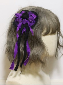 Gothic Style Black Purple Burnt Roses Gauze Mesh Black Beads Decorate Distressed Streamers Gothic Lolita Hairpin