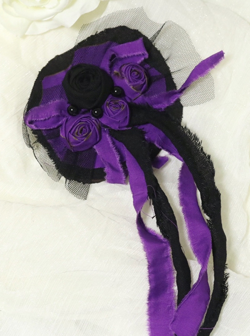 Gothic Style Black Purple Burnt Roses Gauze Mesh Black Beads Decorate Distressed Streamers Gothic Lolita Hairpin