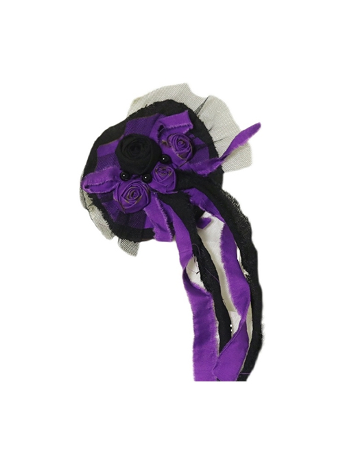 Gothic Style Black Purple Burnt Roses Gauze Mesh Black Beads Decorate Distressed Streamers Gothic Lolita Hairpin