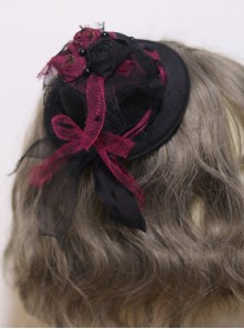 Gothic Style Black Red Dry Rose Pearl Decoration Lace Bow Small Hat Gothic Lolita Hairpin