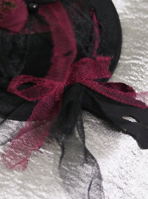 Gothic Style Black Red Dry Rose Pearl Decoration Lace Bow Small Hat Gothic Lolita Hairpin