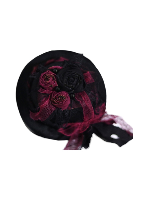 Gothic Style Black Red Dry Rose Pearl Decoration Lace Bow Small Hat Gothic Lolita Hairpin