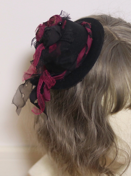 Gothic Style Black Red Dry Rose Pearl Decoration Lace Bow Small Hat Gothic Lolita Hairpin