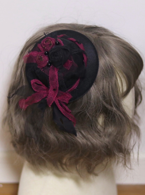 Gothic Style Black Red Dry Rose Pearl Decoration Lace Bow Small Hat Gothic Lolita Hairpin