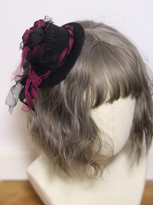 Gothic Style Black Red Dry Rose Pearl Decoration Lace Bow Small Hat Gothic Lolita Hairpin