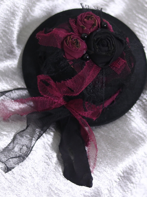 Gothic Style Black Red Dry Rose Pearl Decoration Lace Bow Small Hat Gothic Lolita Hairpin