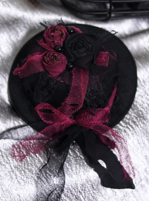 Gothic Style Black Red Dry Rose Pearl Decoration Lace Bow Small Hat Gothic Lolita Hairpin