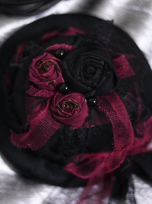 Gothic Style Black Red Dry Rose Pearl Decoration Lace Bow Small Hat Gothic Lolita Hairpin