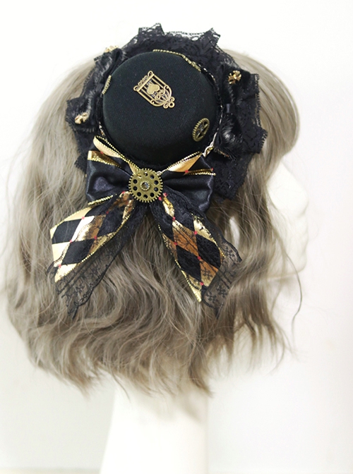 Punk Style Retro Lace Diamond-Shaped Checkerboard Gear Decoration Bow Small Hat Gothic Lolita Hairpin